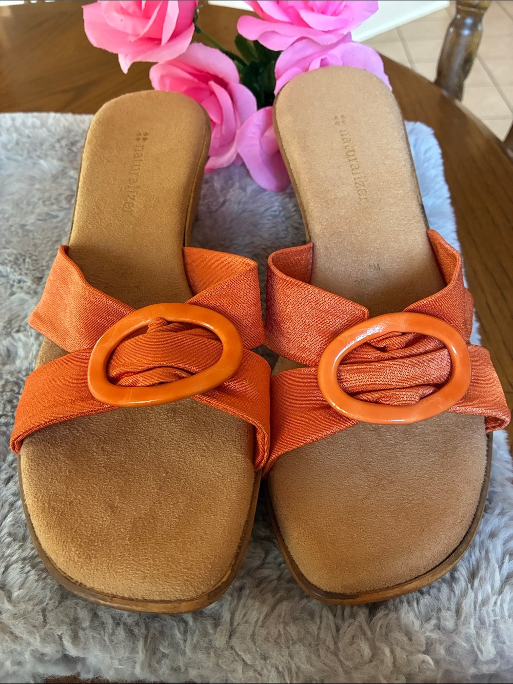 Naturalizer Orange Slide Sandals with Decorative Oval Buckle